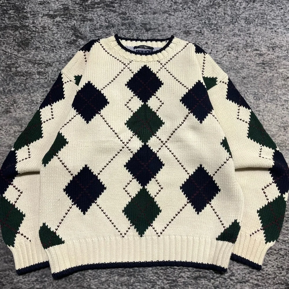 Vintage Tommy Hilfiger Sweater Mens‎ Large Cream Casual Pattern Cotton Jumper